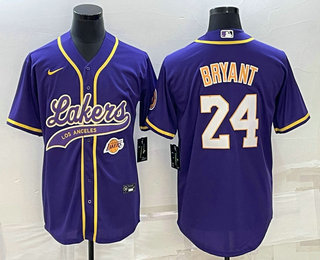 Mens Los Angeles Lakers #24 Kobe Bryant Purple With Patch Cool Base Stitched Baseball Jerseys->->NBA Jersey